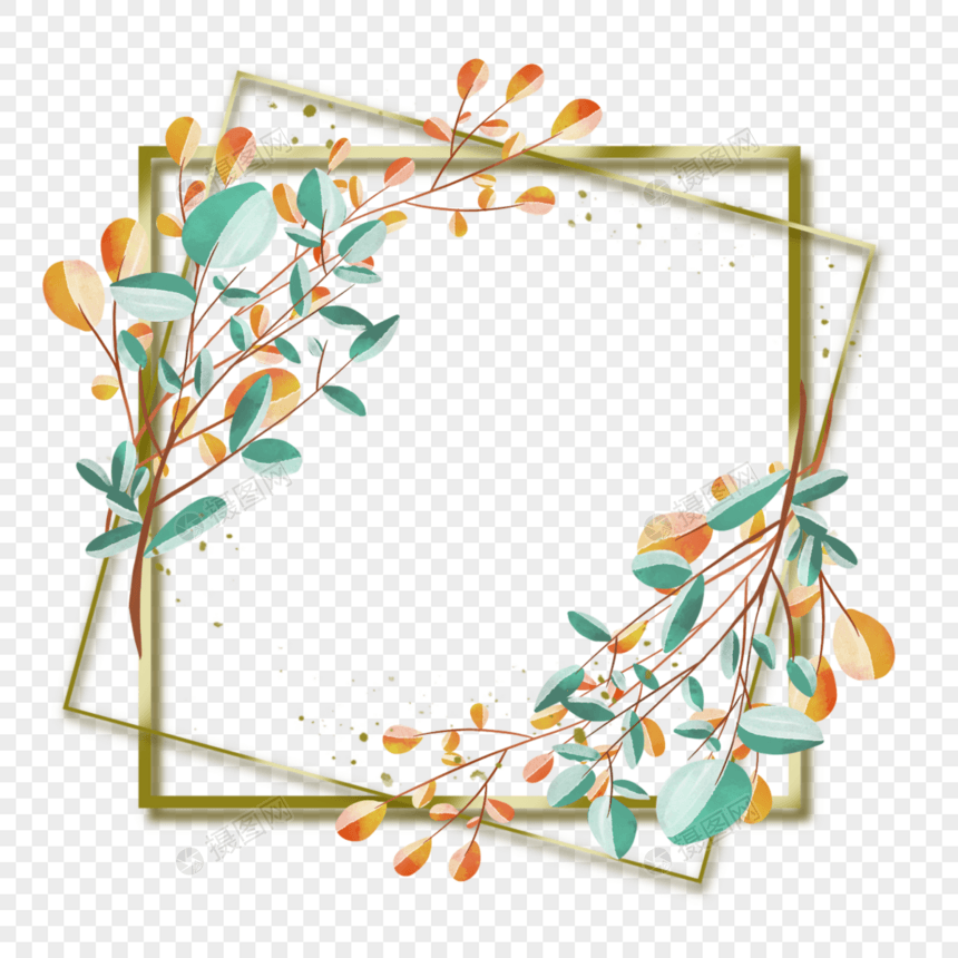 水彩方形金边框婚礼花卉花环图片