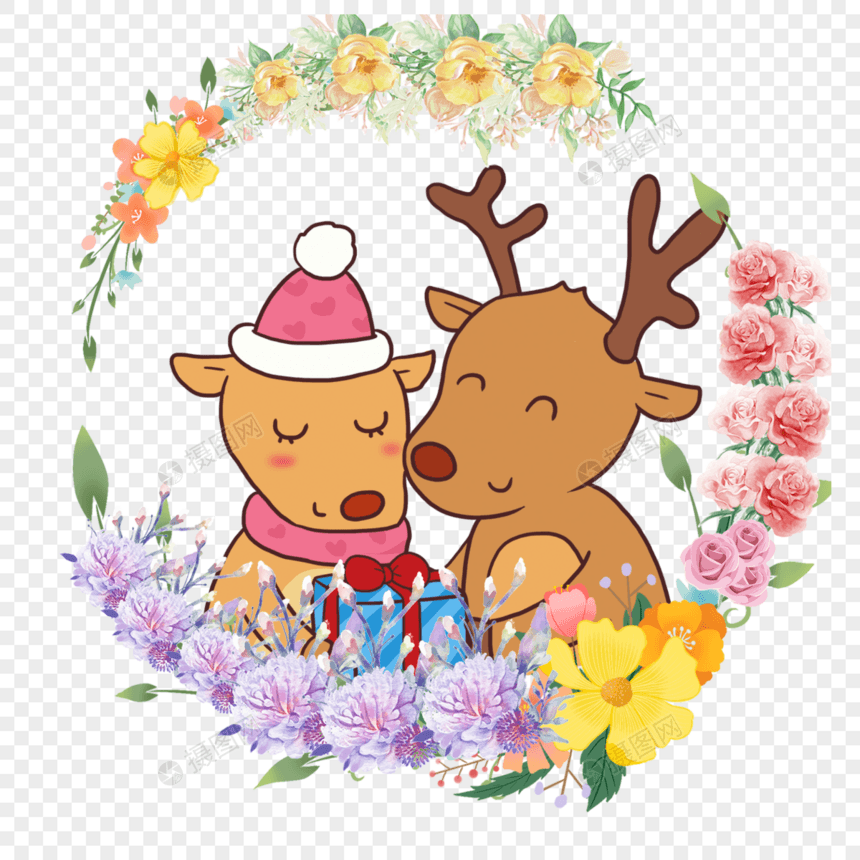 可爱动物情侣小鹿彩色花卉花环图片