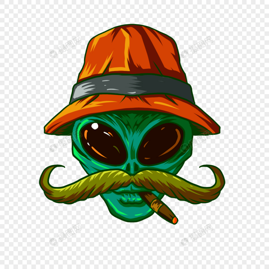 外星人卡通徽标波普风格橙色帽子八字胡图片
