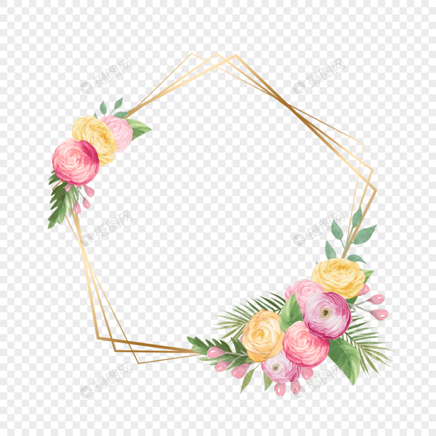 水彩婚礼花卉花毛茛金线五边形边框图片