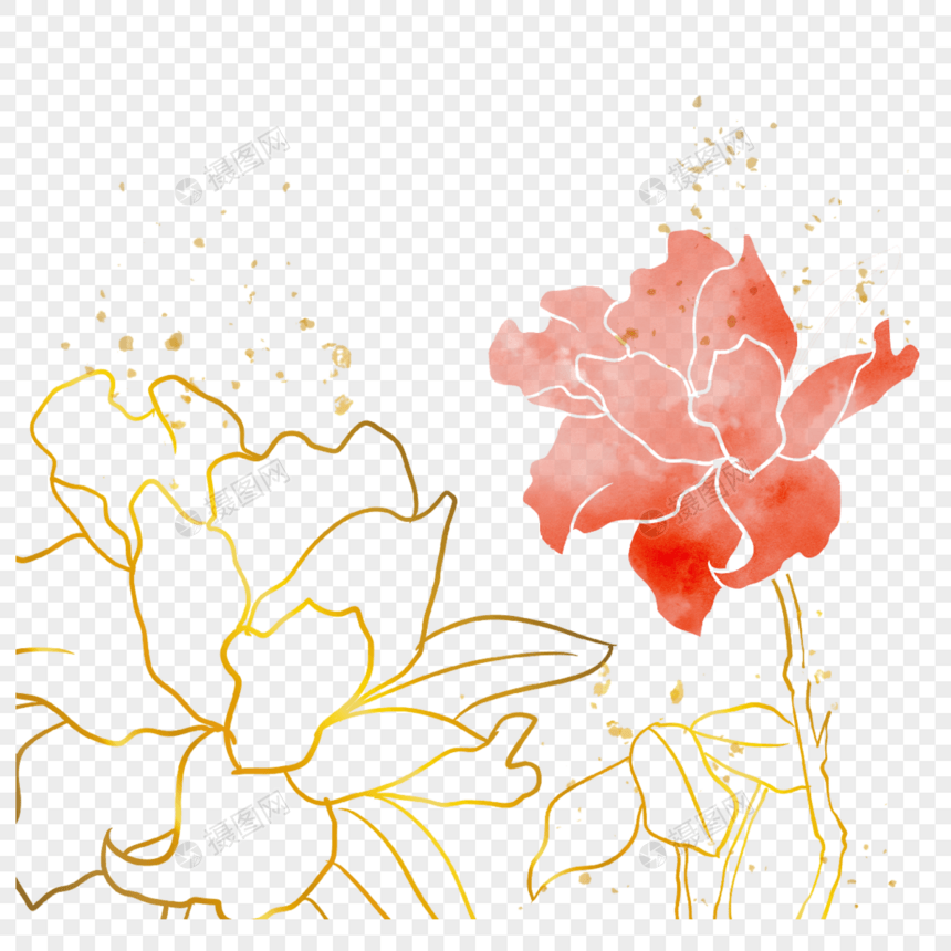红色晕染花朵水彩金边花卉图片