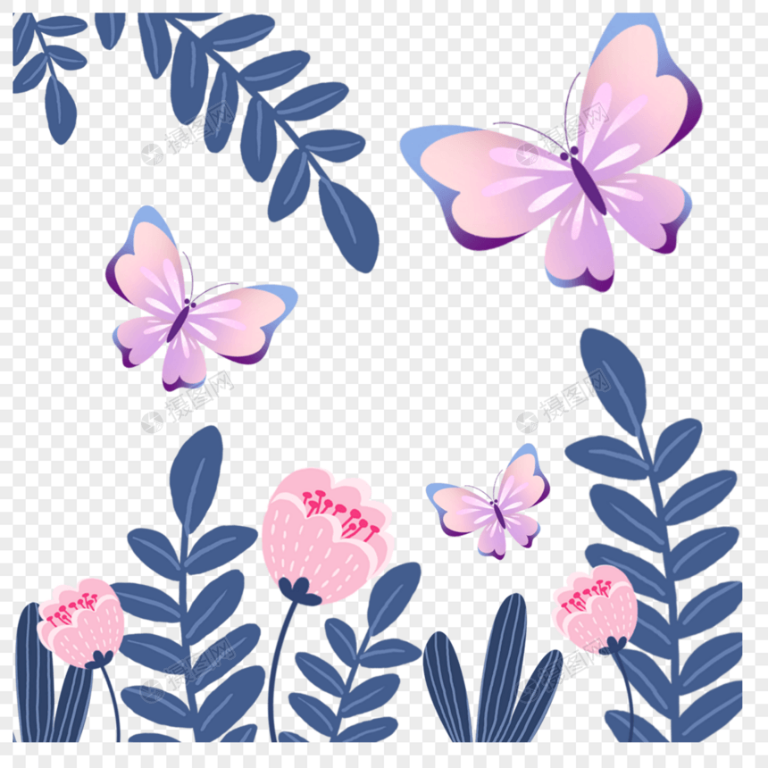 粉色蝴蝶花朵春季促狭边框图片