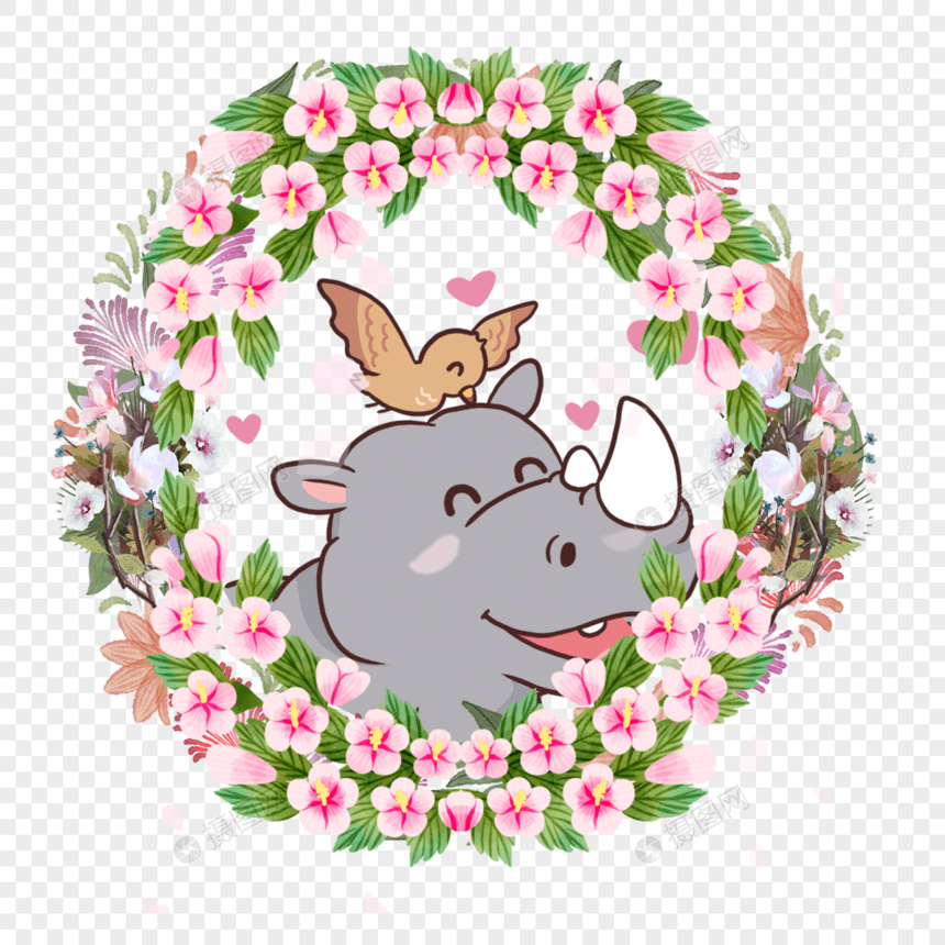 犀牛动物情侣栀子花花卉花环图片