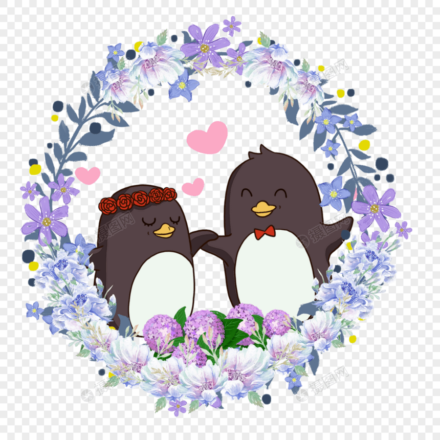 头戴花圈的企鹅可爱动物情侣花卉花环图片