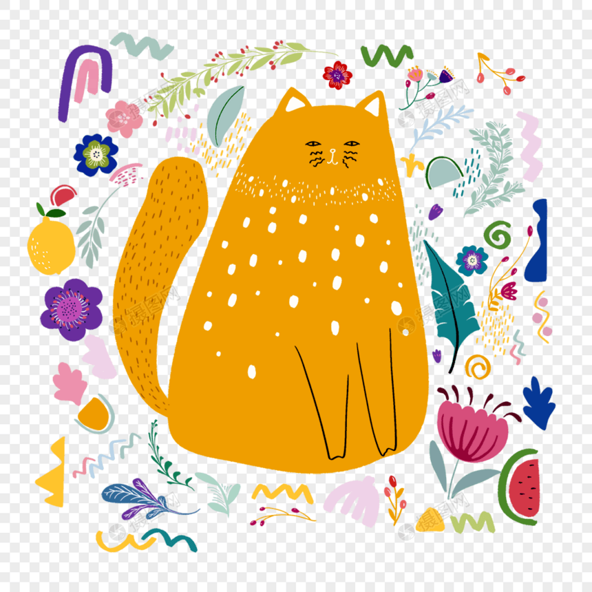 橘色抽象波西米亚猫咪涂鸦图片