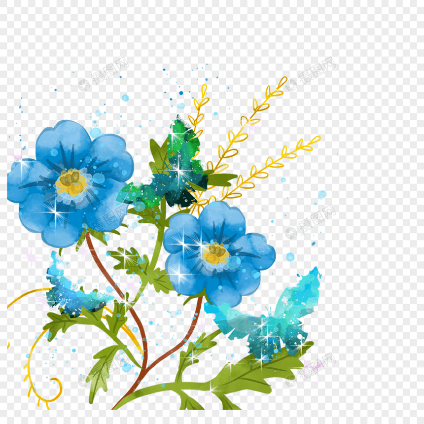 蝴蝶蓝色水彩花卉光效样式图片