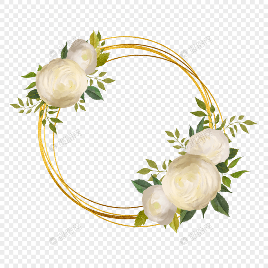 白玫瑰水彩婚礼金色圆环边框图片