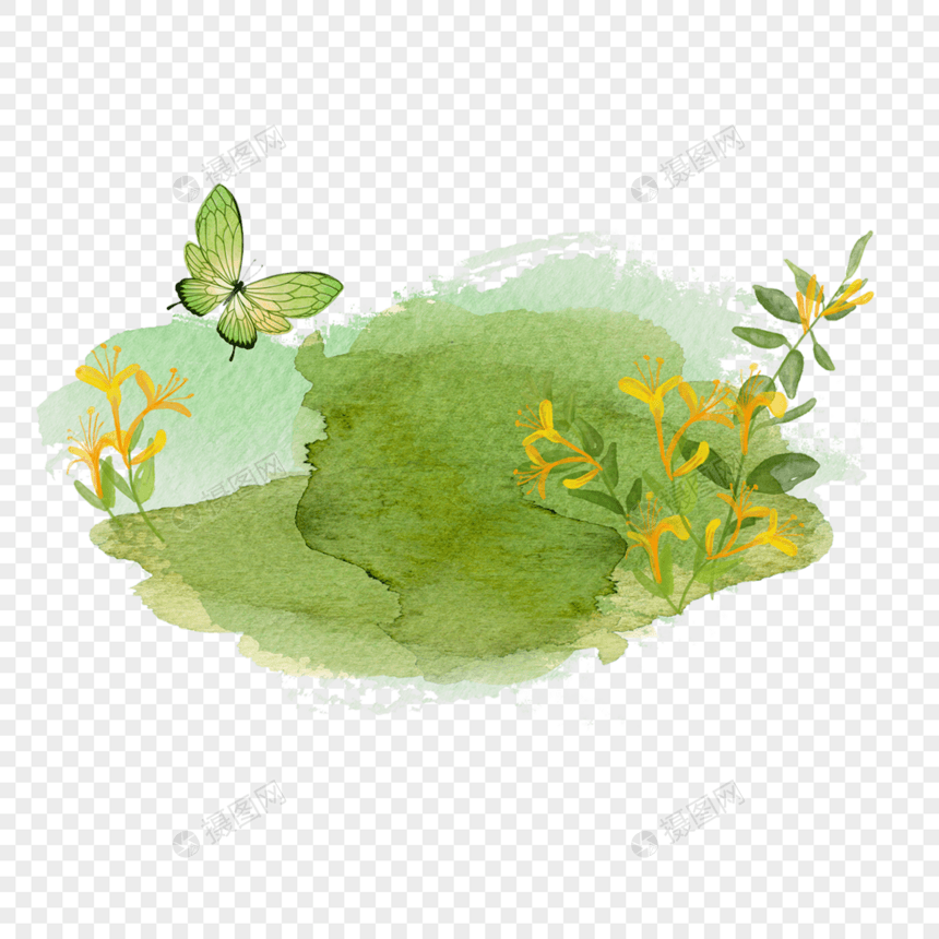 笔刷水彩绿色花卉边框图片
