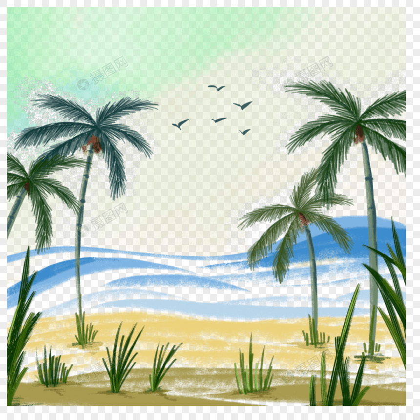 水彩风格海边景色椰子树图片