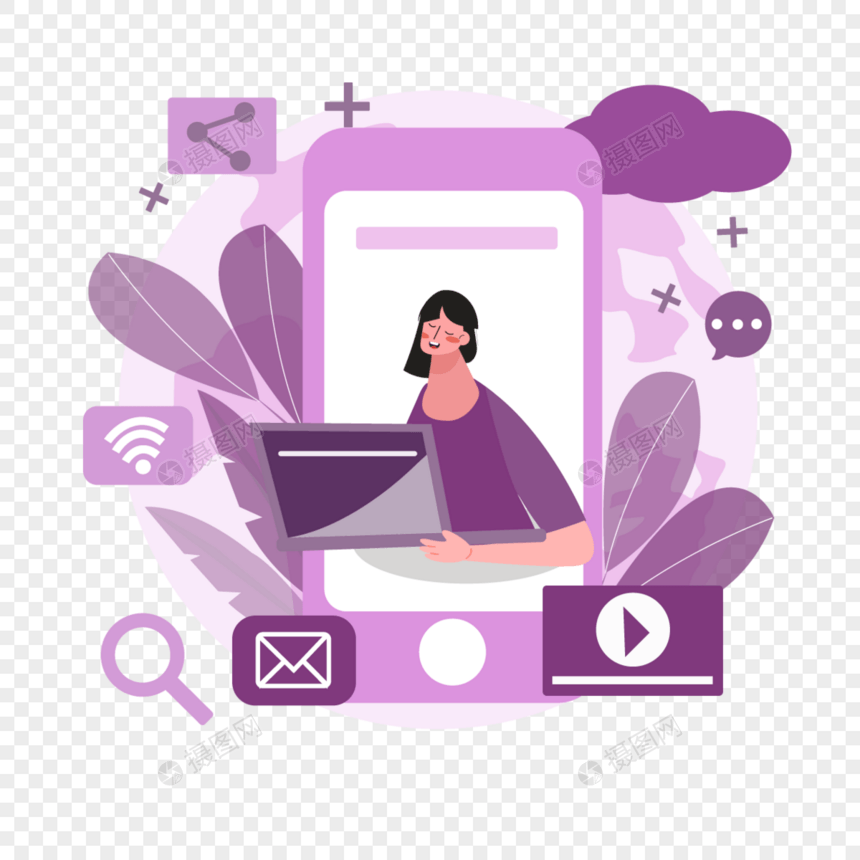 紫色手机在线连接概念插画图片