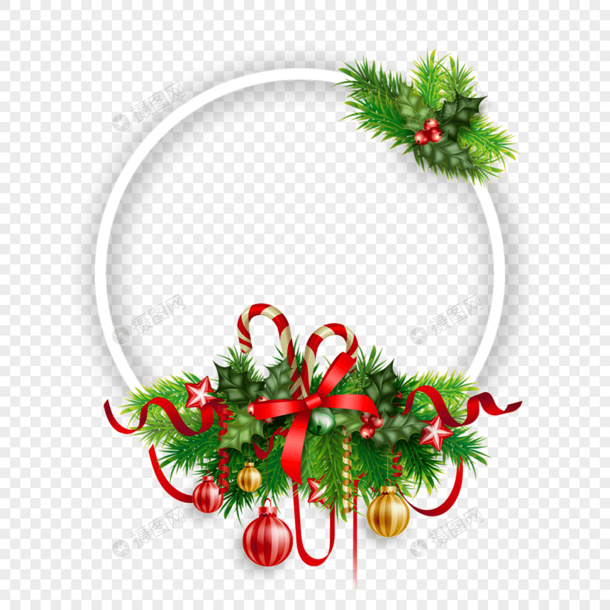 圣诞节圆形松枝丝带装饰边框图片