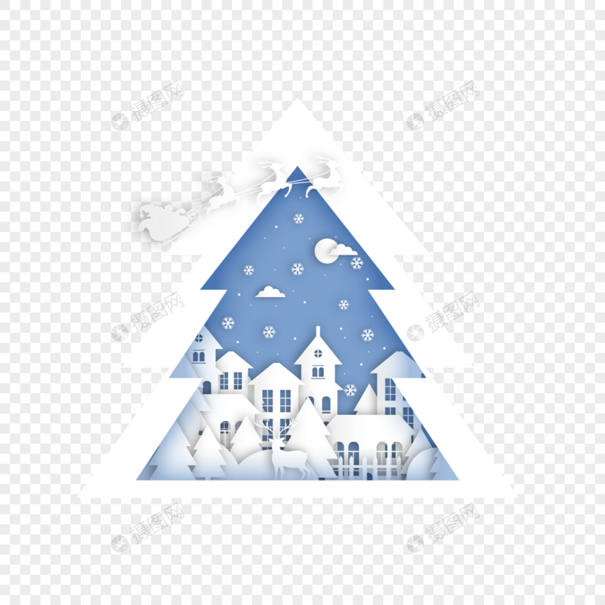 圣诞松树城市建筑冬季剪纸图片
