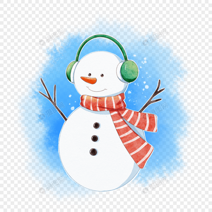 圣诞节戴耳机的水彩雪人图片