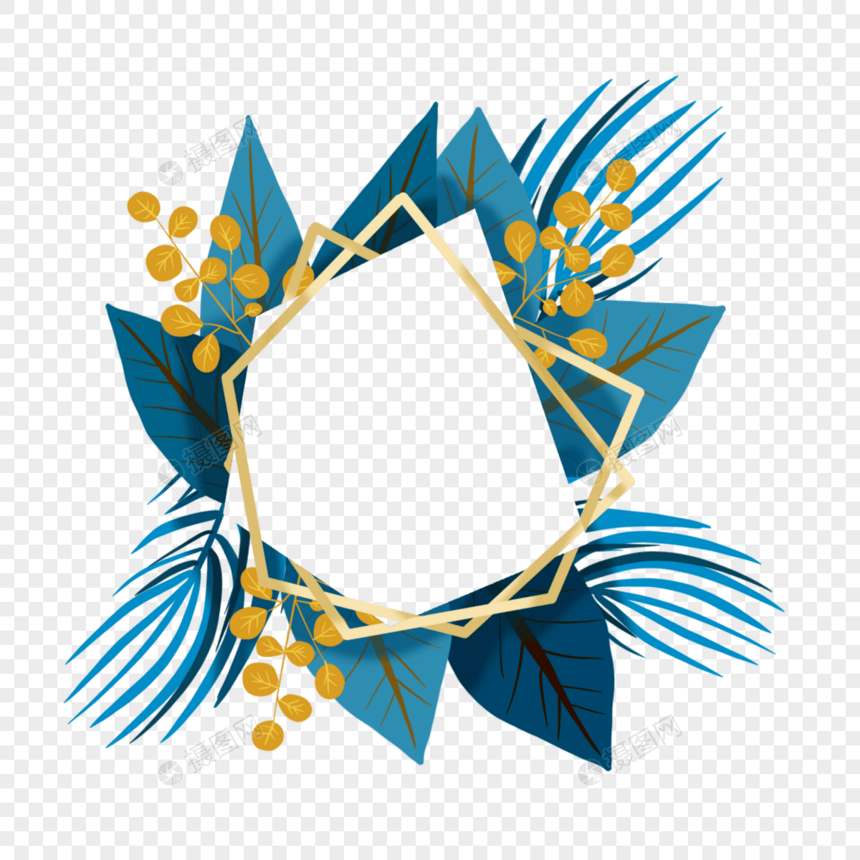蓝色婚礼金线植物边框图片