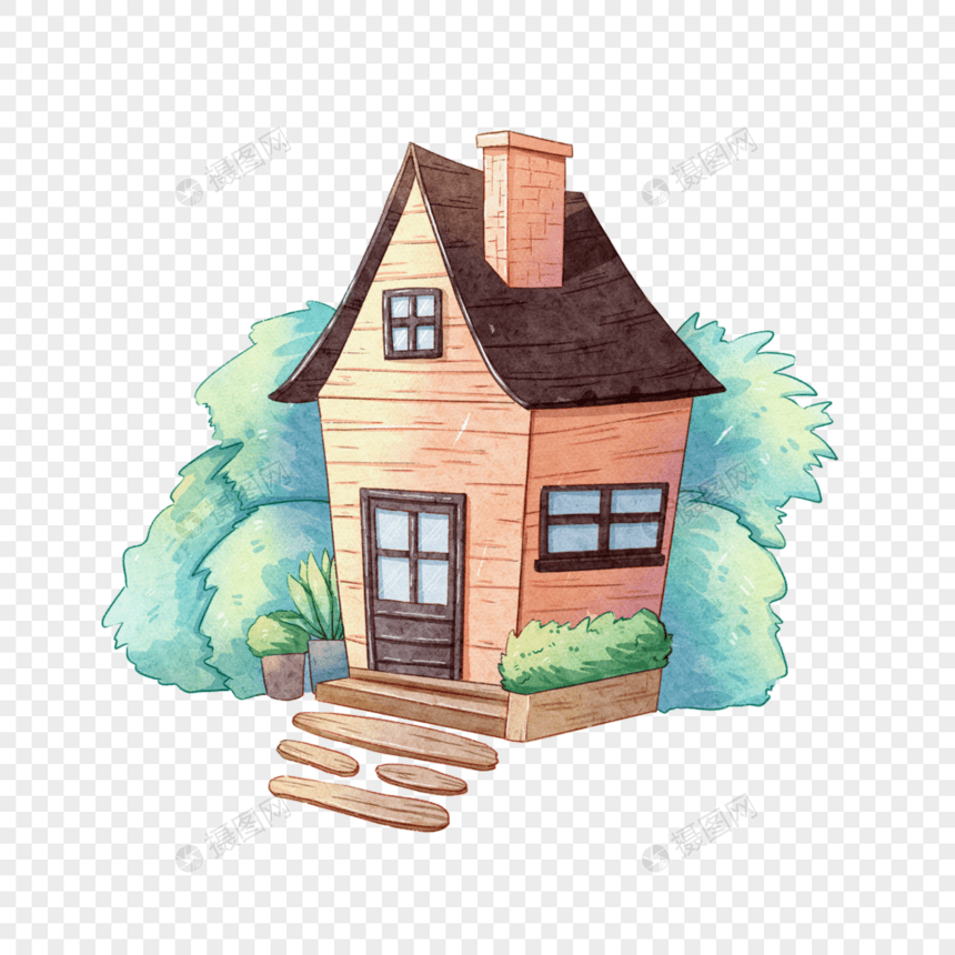木屋房子水彩图片