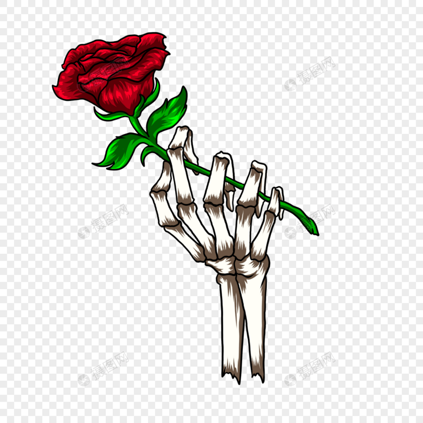玫瑰花和手骨纹身卡通复古风格图片