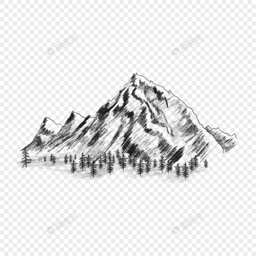 素描山脉黑白风景画图片