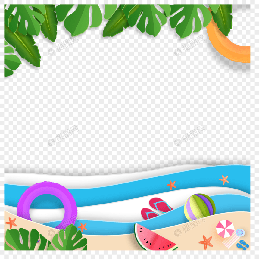 海边的泳圈水果夏季剪纸沙滩边框图片