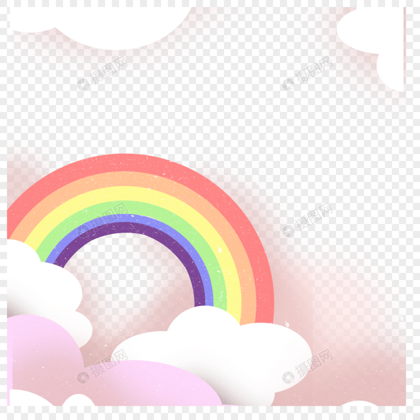 粉色白色云层后的剪纸彩虹图片