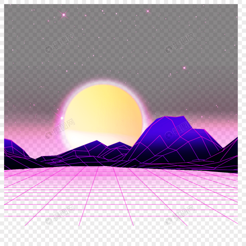 紫色立体山峰黄色圆月抽象科技光效图片