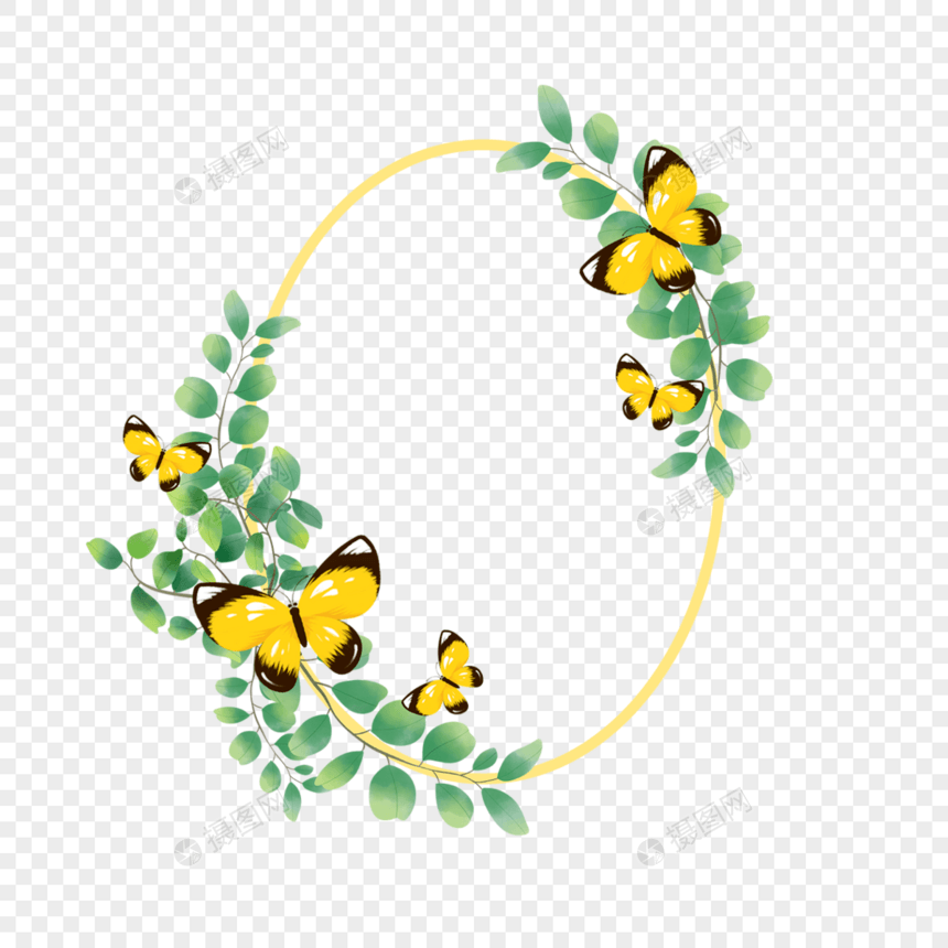 黄色蝴蝶绿植水彩线框图片
