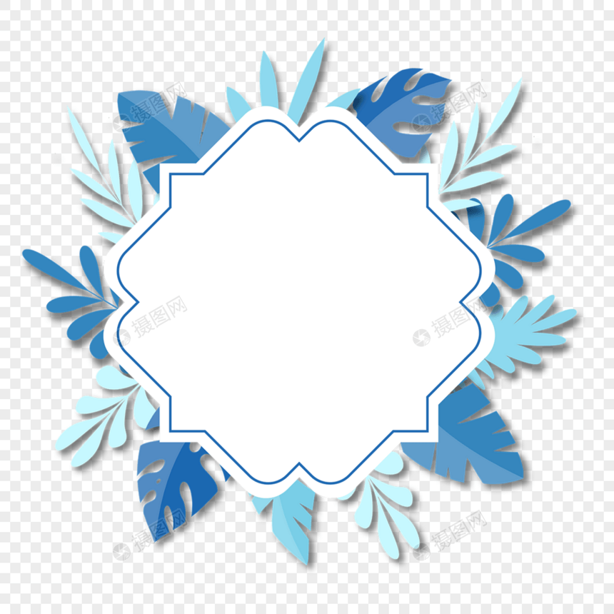 蓝色夏季剪纸热带树叶边框图片