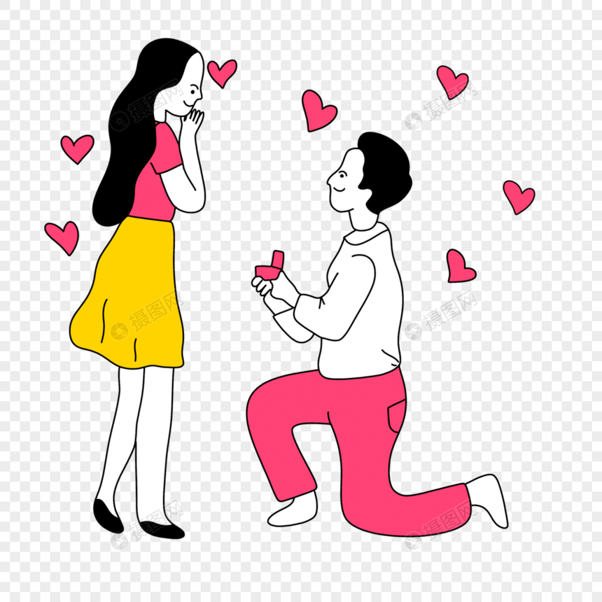 跪地求婚情人节线条人物插画图片