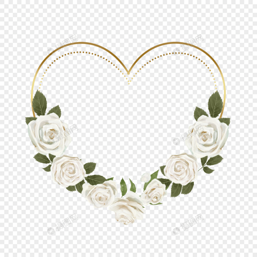 白玫瑰水彩婚礼心形边框图片