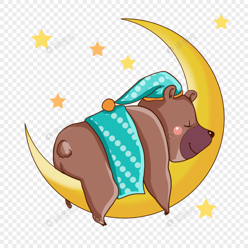 月亮上的棕熊童话风格插画图片