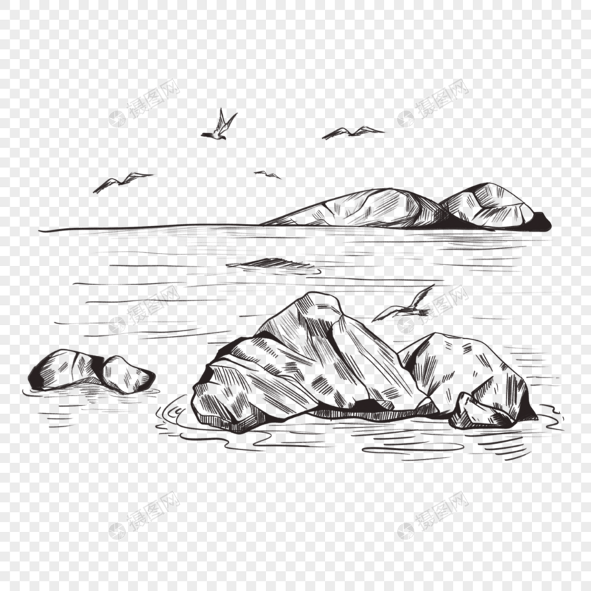 素描海滨海边石头和海鸥图片