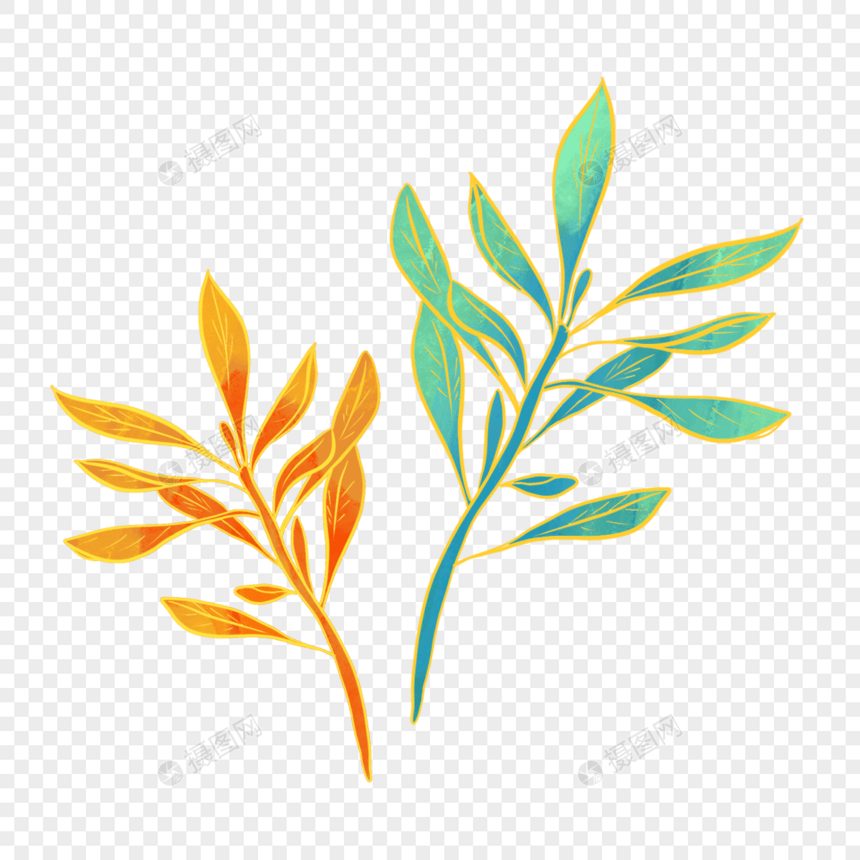 水彩植物叶片金色线描绿叶红叶图片