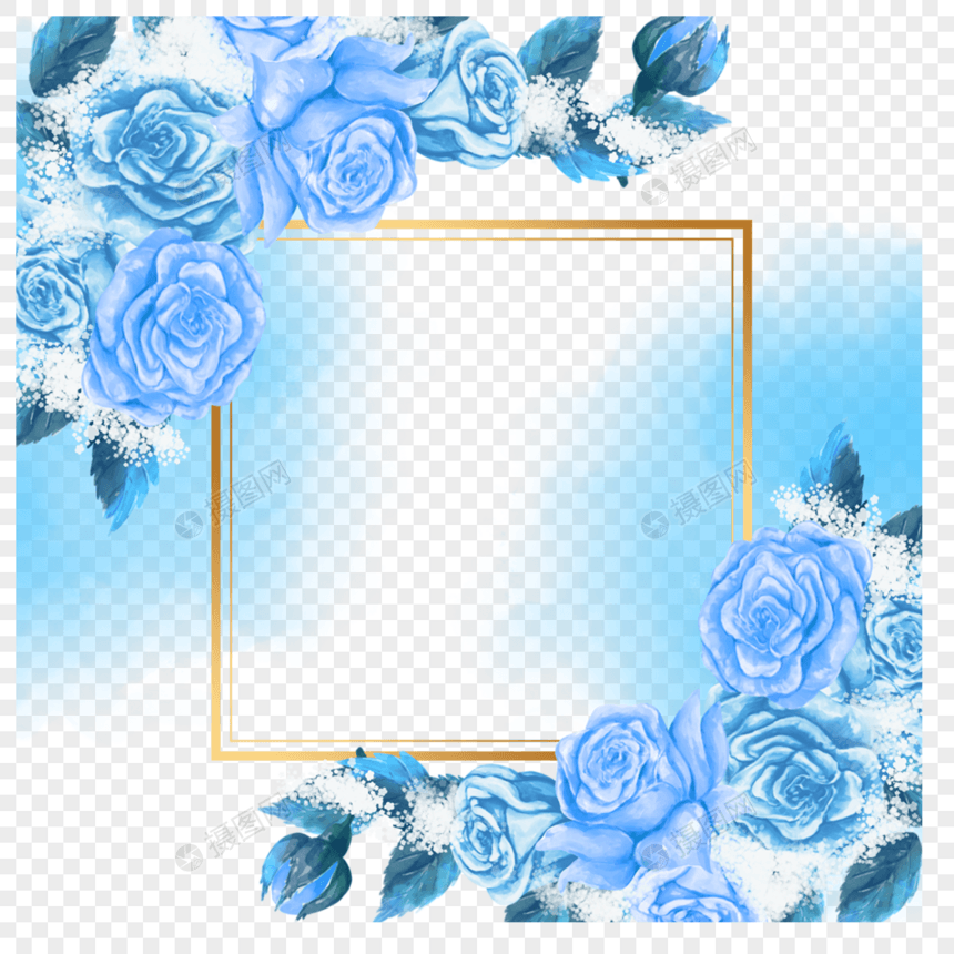 蓝色水彩玫瑰花朵绘制边框图片