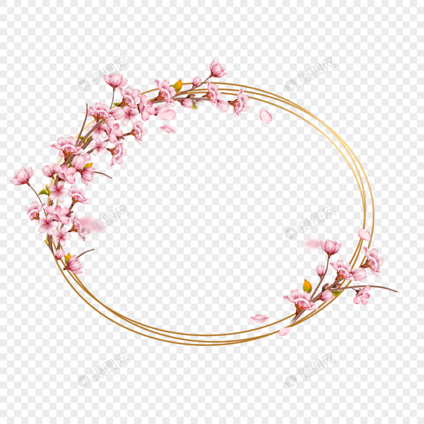 春天樱花枝条椭圆金色边框图片
