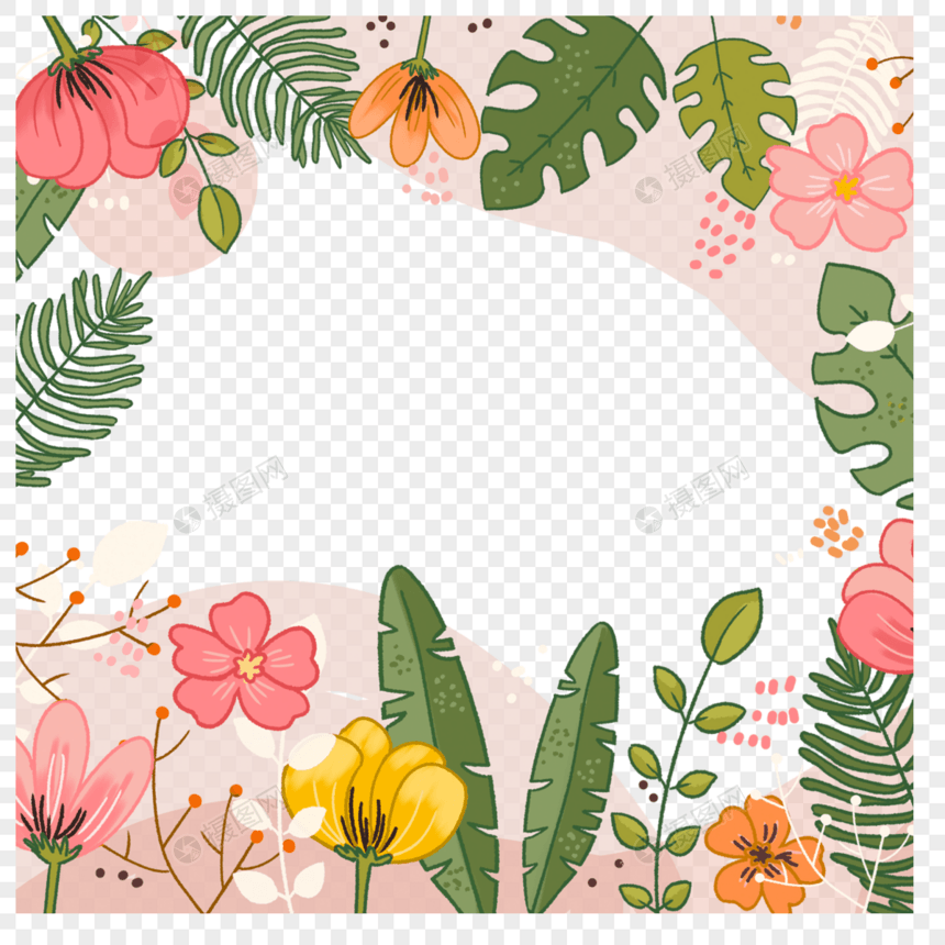 粉色背景绿叶花朵春天花卉边框图片