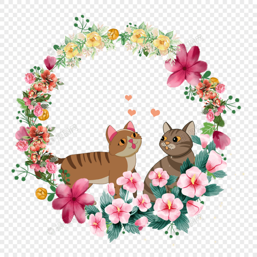 可爱情侣棕色猫的花卉花环图片
