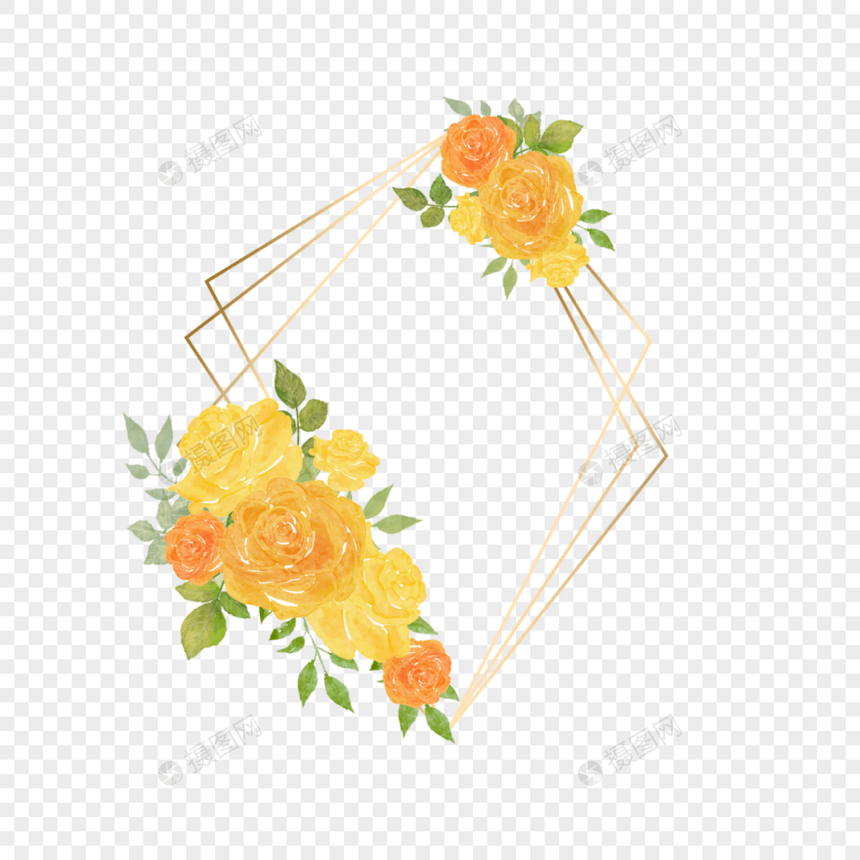 水彩婚礼黄色玫瑰花卉线框边框创意图片