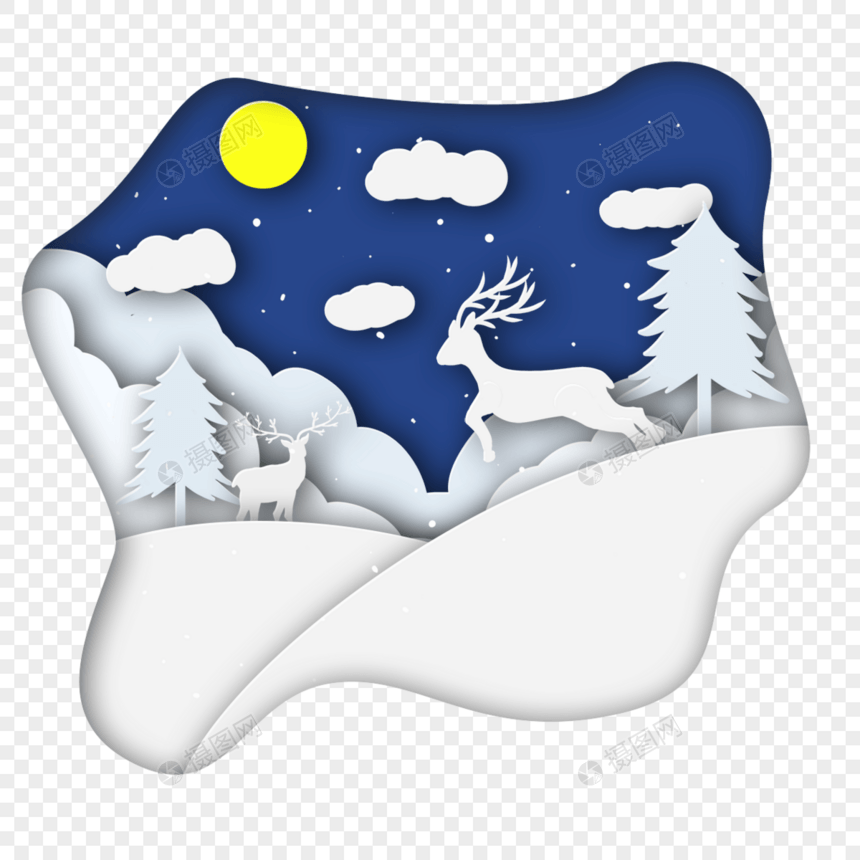 冬季森林剪纸圣诞节鹿云图片