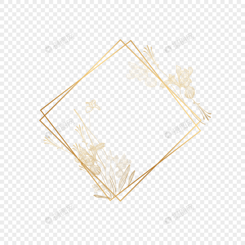 金色花朵茎叶线稿边框图片
