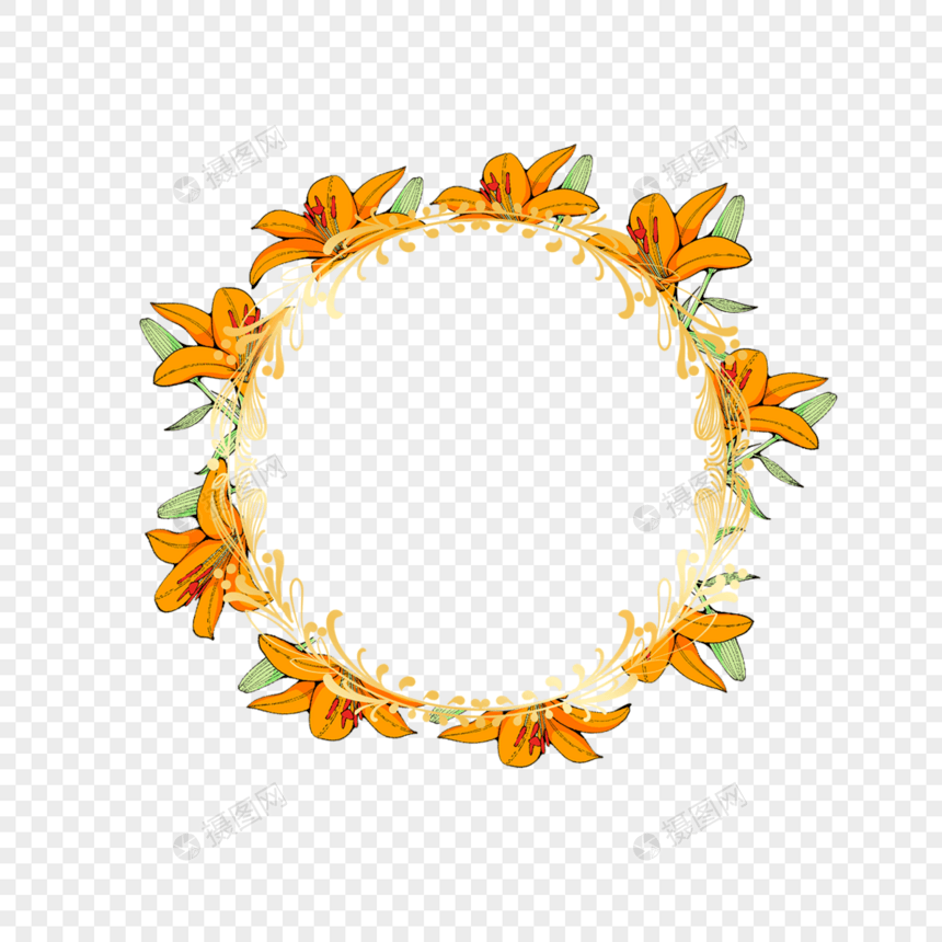 圆形橙色百合婚礼花卉边框图片