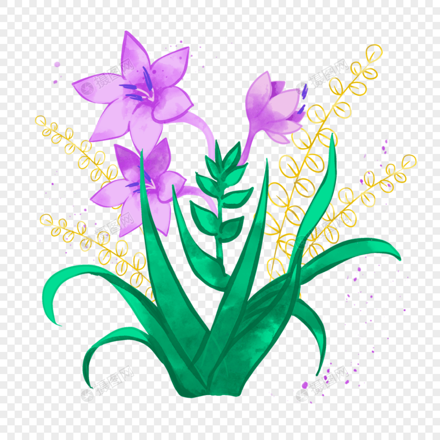 紫色金箔叶子水彩晕染兰花花卉图片