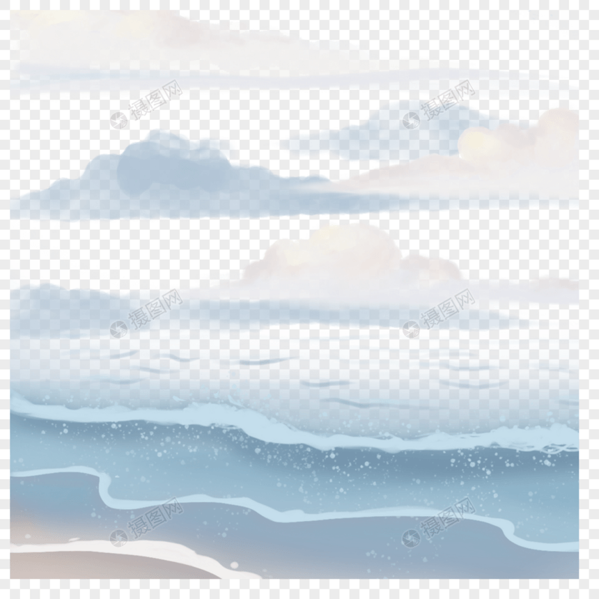 蓝色晕染海浪水彩云朵自然风景图片
