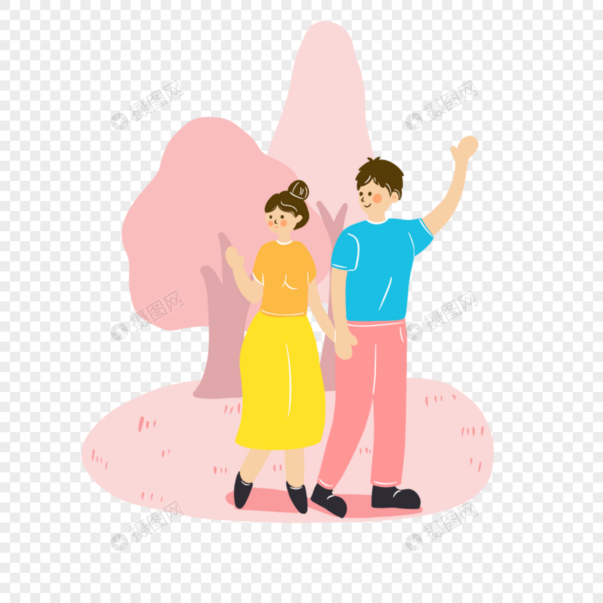 春季郊游插画粉色树木携手的情侣人物图片