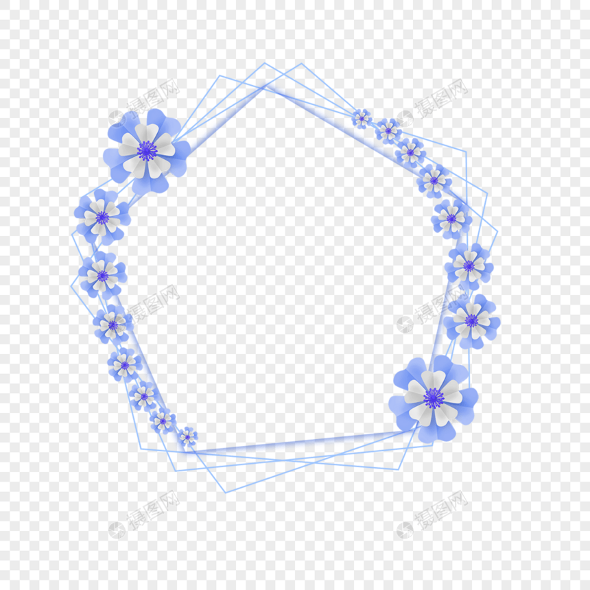 剪纸蓝色花卉多边形边框图片