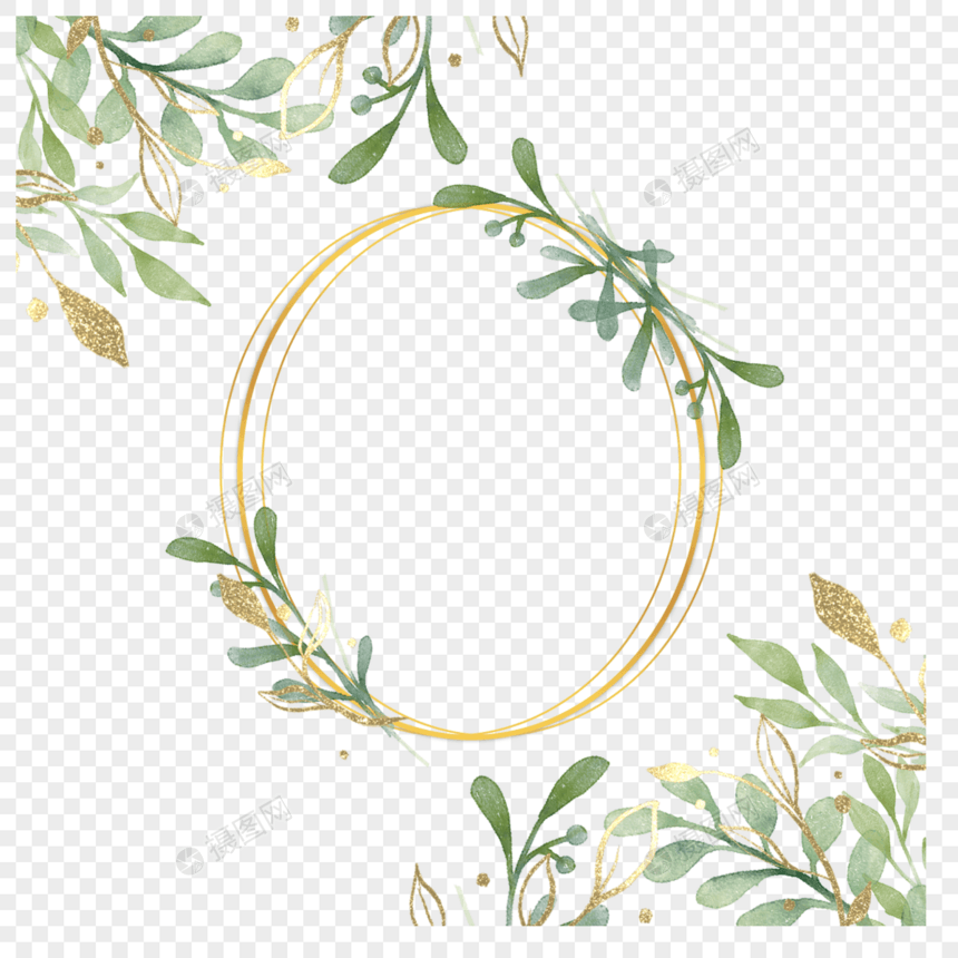 金箔树叶婚礼水彩自然边框图片