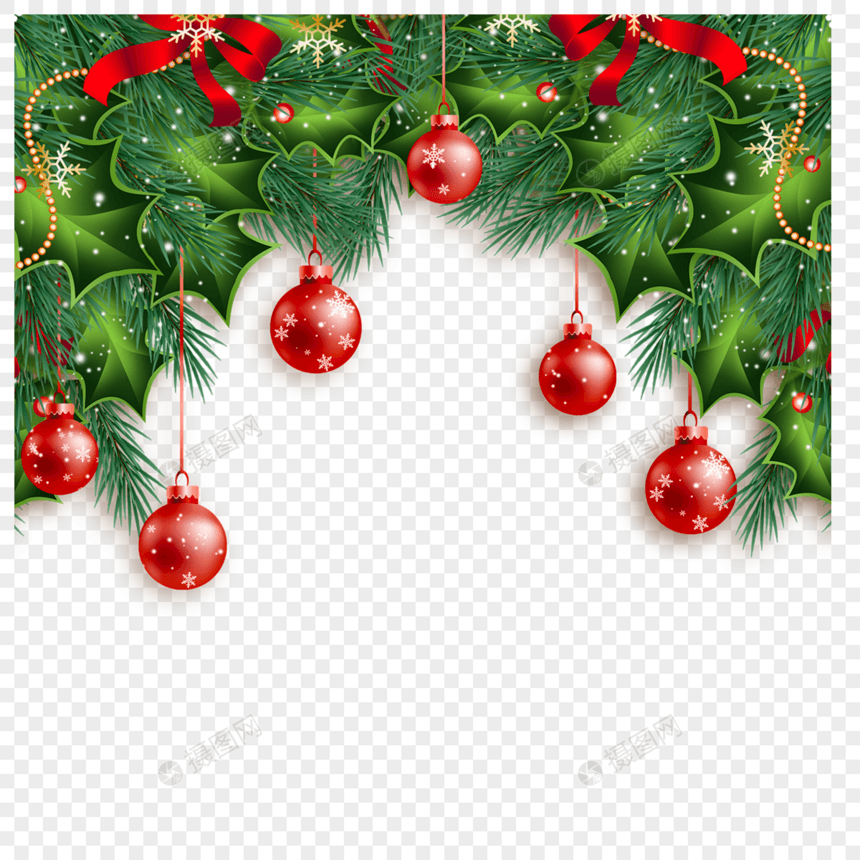圣诞节绿叶圆球边框标签装饰图片
