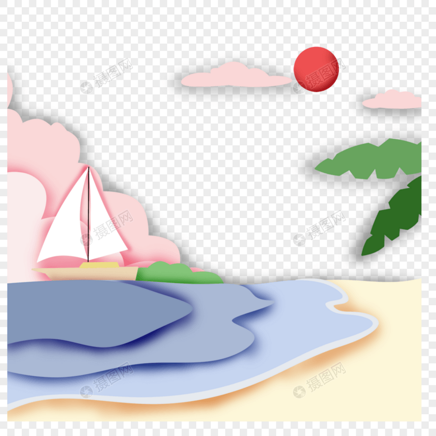 抽象剪纸海边帆船图片