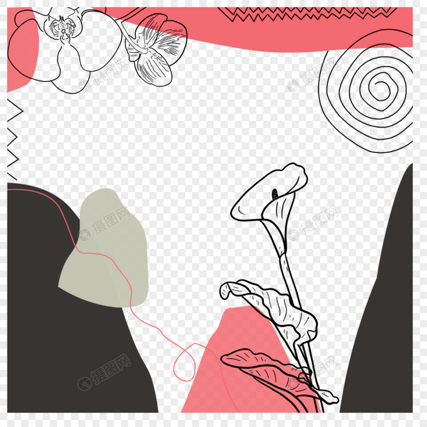 灰粉线描花卉故事边框图片