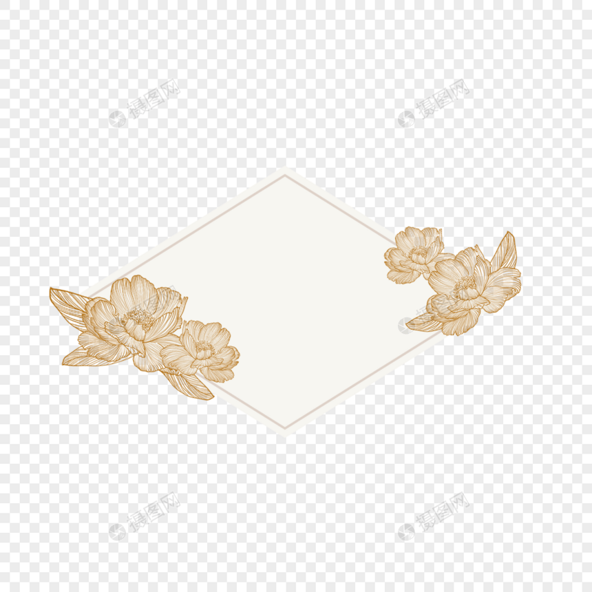 金色线稿花卉菱形边框图片