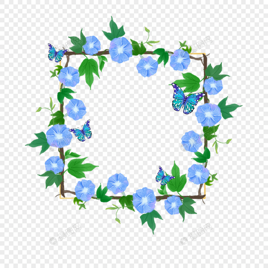 花卉边框蝴蝶水彩风格蓝色图片