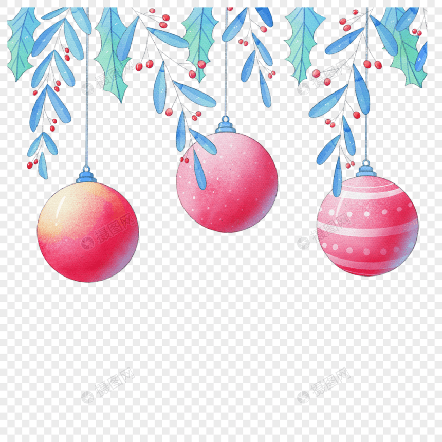 水彩圣诞装饰球与叶子图片